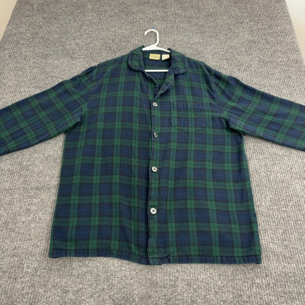 LL Bean Pajama Shirt Mens L Blue Green 100% Cotton Plaid Flannel Sleepwear Top